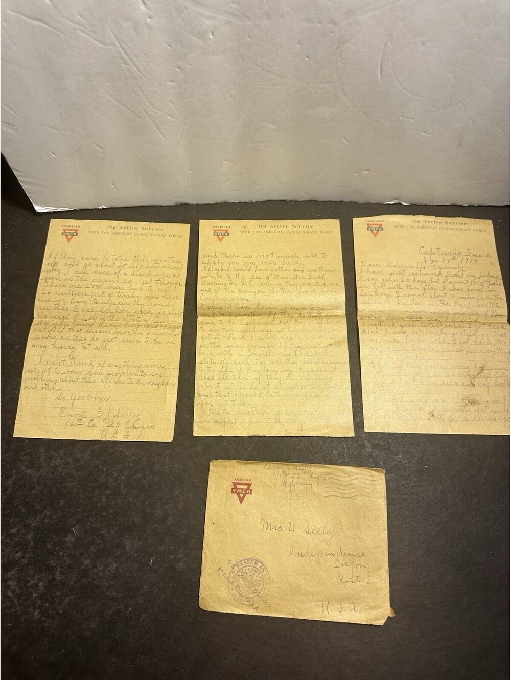 1919 WWI US Soldier Letter France AEF YMCA 3 Pages Censored Envelope Oregon